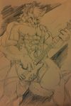  anthro canine geppei5959 guitar male mammal monochrome muscular musical_instrument nipples smile solo standing traditional_media_(artwork) 