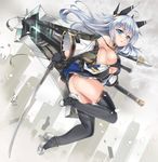  &gt;:( armpits ass bare_shoulders black_gloves black_legwear black_skirt blade blue_eyes breasts cleavage cleavage_cutout commentary_request detached_sleeves dual_wielding fingerless_gloves floating_hair from_side frown full_body gloves hair_between_eyes headgear holding holding_sword holding_weapon huge_weapon large_breasts long_hair long_sleeves looking_at_viewer looking_to_the_side microskirt miyuki_rei original parted_lips sideboob silver_hair skirt solo sword thighhighs underboob v-shaped_eyebrows weapon wide_sleeves 