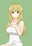  blonde_hair blush breasts carpaccio commentary_request covered_nipples girls_und_panzer green_background green_eyes hand_on_own_chest highres ken_hayasaka long_hair looking_at_viewer medium_breasts smile solo tank_top upper_body 