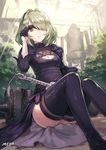  artist_name black_dress black_footwear black_gloves black_legwear blindfold blindfold_lift boots breasts cleavage cleavage_cutout cosplay dress gloves green_eyes hair_over_one_eye hairband idolmaster idolmaster_cinderella_girls long_sleeves looking_at_viewer medium_breasts meto31 nier_(series) nier_automata one_eye_covered puffy_sleeves short_hair signature sitting smile solo sword takagaki_kaede thigh_boots thighhighs weapon yorha_no._2_type_b yorha_no._2_type_b_(cosplay) 