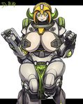  arm_cannon big_breasts blonde_hair breasts centaur clothing dr.bug equine equine_taur female hair horn huge_breasts loincloth machine mammal orisa_(overwatch) overwatch robot signature smile solo taur video_games 
