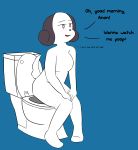  2018 anthro bathroom big_breasts bittersweet_candy_bowl black_nose blush breasts butt canine dialogue digital_media_(artwork) dog english_text eyebrows featureless_breasts female hi_res looking_at_viewer mammal notmypornaccount nude open_mouth rachel_(bcb) simple_background sitting smile solo teenager text toilet toilet_use webcomic young 