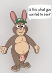  brown_eyes brown_fur english_text flaccid fur hat humanoid_penis lagomorph looking_at_viewer male mammal navel neenya nude penis rabbit simple_background slightly_chubby solo standing stu_hopps text whiskers 