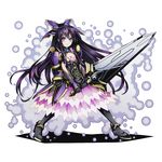  alpha_transparency armor armored_dress black_footwear black_gloves boots bow breasts cleavage date_a_live divine_gate dress eyebrows_visible_through_hair floating_hair full_body gloves hair_bow high_heels holding holding_sword holding_weapon knee_boots layered_dress long_hair looking_at_viewer medium_breasts official_art purple_bow purple_eyes purple_hair shadow solo sword transparent_background ucmm weapon yatogami_tooka 