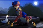  avian bird day detailed_background duck duo feral fur group hat kitchiki moon nude outside paws red_eyes red_fur red_nose sky smile star starry_sky 
