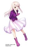  :d ankle_boots arms_behind_back boots eyebrows_visible_through_hair fate/stay_night fate_(series) floating_hair frilled_skirt frills full_body illyasviel_von_einzbern long_hair looking_at_viewer official_art open_mouth purple_footwear purple_shirt red_eyes shirt silver_hair simple_background skirt smile solo standing white_background white_skirt 