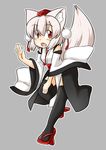  :d albino animal_ears black_legwear commentary_request detached_sleeves elu_butyo geta hat highres inubashiri_momiji kourindou_tengu_costume long_sleeves obi open_mouth pelvic_curtain red_eyes sash smile tail tengu-geta thighhighs tokin_hat touhou waving white_hair wide_sleeves wolf_ears wolf_tail zettai_ryouiki 