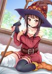  bandages bed_sheet belt black_hair black_legwear blush cape collar commentary_request day fingerless_gloves gloves hat highres holding indoors kono_subarashii_sekai_ni_shukufuku_wo! looking_at_viewer megumin on_bed red_eyes short_hair single_thighhigh sitting solo staff thighhighs wariza window witch_hat yumibakama_meme 