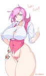  bad_id bad_pixiv_id bad_proportions breasts colored_pubic_hair copyright_request covered_nipples curvy english grin harry_(dudwofla) heart highres huge_breasts long_hair looking_at_viewer pink_eyes pink_hair profanity pubic_hair simple_background smile solo thick_thighs thighs underbust white_background 