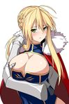  ahoge artoria_pendragon_(all) artoria_pendragon_(lancer) blonde_hair blush braid breast_hold breasts cape cleavage cleavage_cutout commentary_request fate/grand_order fate_(series) gauntlets green_eyes hair_between_eyes huge_breasts long_hair looking_at_viewer nose_blush parted_lips shiseki_hirame sidelocks solo upper_body 