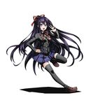  alpha_transparency black_hair black_legwear blue_skirt date_a_live divine_gate eyebrows_visible_through_hair full_body hair_between_eyes hair_ribbon hand_on_hip high_ponytail leg_up long_hair looking_at_viewer neck_ribbon official_art open_mouth pleated_skirt purple_eyes red_ribbon ribbon shadow skirt solo thighhighs transparent_background ucmm very_long_hair w yatogami_tooka zettai_ryouiki 
