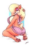  2017 anthro bandicoot bare_back big_breasts big_butt blonde_hair breasts butt clothed clothing crash_bandicoot_(series) digital_media_(artwork) eyeshadow female fur green_eyes hair huge_breasts huge_butt looking_at_viewer looking_back makeup mammal marsupial secretly_saucy side_boob simple_background smile solo sweater tawna_bandicoot thick_thighs video_games virgin_killer_sweater wide_hips 