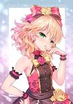  armlet bare_shoulders blonde_hair blush breasts dress finger_to_mouth green_eyes hairband idolmaster idolmaster_cinderella_girls looking_at_viewer matanonki sakurai_momoka short_hair small_breasts smile solo white_background wristband 