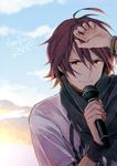  2015 amagase_touma bracelet brown_eyes brown_hair closed_mouth cloud cloudy_sky dated happy_birthday heart idolmaster idolmaster_side-m jewelry male_focus microphone nogoodlife scarf short_sleeves sky smile solo sunset sweatband 