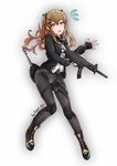  ankle_boots boots brown_hair cross-laced_footwear fang feyoi fingerless_gloves girls_frontline gloves gun h&amp;k_ump9 highres holding holding_weapon hook lace-up_boots long_hair open_mouth panties panties_under_pantyhose pantyhose skirt skirt_lift skirt_tug solo twintails ump9_(girls_frontline) underwear weapon 