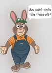  brown_eyes brown_fur clothing dress_shirt english_text fur hat lagomorph looking_at_viewer male mammal neenya overalls rabbit shirt solo standing stu_hopps text whiskers 