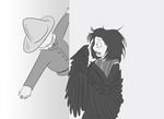  bird crow crowanon crying feathers greyscale harpy messy_hair monochrome monster_girl original scarecrow scared wall wings 