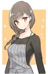  apron black_shirt braid breasts brown_hair collarbone commentary_request eyebrows_visible_through_hair grey_apron long_hair long_sleeves low_braid medium_breasts minoa_(lastswallow) orange_background orange_eyes original shirt simple_background smile solo striped_apron 