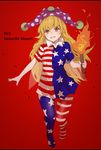  american_flag american_flag_dress american_flag_legwear american_flag_shirt blonde_hair bright_pupils clownpiece dress fairy fairy_wings frills full_body grin hat highres holding jester_cap long_hair mirukia neck_ruff pantyhose pink_eyes polka_dot print_legwear red_background sharp_teeth short_sleeves simple_background smile solo star star_print teeth torch touhou very_long_hair wings 