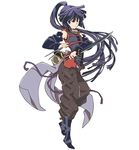  akatsuki_(log_horizon) blue_eyes blue_hair brown_pants detached_sleeves floating_hair full_body hara_kazuhiro high_ponytail holding holding_sword holding_weapon log_horizon long_hair looking_at_viewer official_art pants simple_background solo standing sword very_long_hair weapon white_background 