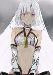  altera_(fate) alternate_hair_length alternate_hairstyle bandeau bangs bare_shoulders breasts brown_eyes closed_mouth collarbone dark_skin detached_sleeves eyebrows_visible_through_hair fate/extella fate/extra fate/grand_order fate_(series) highres light_smile looking_at_viewer navel pinch_(nesume) short_hair small_breasts smile solo sparkle upper_body veil white_hair 