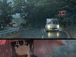  adjusting_scarf alternate_costume amino_(tn7135) arch bangs black_eyes black_hair blue_coat blunt_bangs blurry blurry_background car close-up contemporary expressionless forest ground_vehicle guard_rail hakurei_reimu head_tilt license_plate long_hair looking_afar looking_to_the_side motor_vehicle multiple_views nature outdoors parted_lips railing rain red_scarf red_umbrella reflection right-hand_drive road scarf stone_lantern street torii touhou tree truck water water_drop wipers 