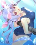  :d ass blue_hair blurry breasts depth_of_field fang hair_ribbon highres i-19_(kantai_collection) jiiwara kantai_collection leaning_back long_hair looking_at_viewer medium_breasts name_tag ocean open_mouth orange_eyes ribbon school_swimsuit smile solo submerged swimsuit torpedo tri_tails 