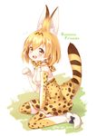  :d animal_ears commentary_request copyright_name kemono_friends light_brown_hair looking_at_viewer mimi_(mimi_puru) open_mouth paw_pose serval_(kemono_friends) serval_ears serval_print serval_tail short_hair sitting smile solo tail thighhighs twitter_username wariza yellow_eyes zettai_ryouiki 