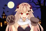  :d alternate_costume asakura_meito bat bat_hair_ornament blurry blush bow breasts brown_hair chandelure cleavage commentary_request depth_of_field full_moon gen_5_pokemon hair_bow hair_flaps hair_ornament hair_ribbon halloween highres horns kantai_collection large_breasts long_hair looking_at_viewer moon open_mouth paws pokemon pokemon_(creature) red_eyes remodel_(kantai_collection) ribbon scarf smile solo yuudachi_(kantai_collection) 