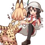  2girls animal_ears backpack bag black_gloves black_hair blonde_hair breast_grab chihaya_72 closed_eyes elbow_gloves gloves grabbing hair_between_eyes hat hat_feather helmet highres kaban_(kemono_friends) kemono_friends kneeling multiple_girls open_mouth pith_helmet serval_(kemono_friends) serval_ears serval_print serval_tail shirt short_hair shorts sitting skirt sleepy smile tail 