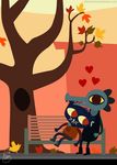  &lt;3 anthro bea_(nitw) bench black_fur brown_eyes cat clothed clothing crocodilian cuddling feline female female/female fur kkkatherine mae_(nitw) mammal night_in_the_woods outside red_eyes reptile scalie style_parody whiskers 
