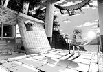  akaneharu_ohkami bench blinds cloud commentary_request geta greyscale hachimaki headband high_ponytail japanese_clothes kantai_collection leaf long_hair monochrome mountain muneate ocean pavement ponytail rope scenery shed shimenawa shorts sky smile socks solo sun sunlight torii tree vending_machine water zuihou_(kantai_collection) 