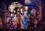  6+girls :o ;) animal_print black_sclera blue_eyes blue_hair blue_skin brown_eyes bunny_print butterfly_print butterfly_wings candy_apple dango eating fan flower food futakuchi-onna futakuchi-onna_(onmyoji) green_eyes hair_flower hair_ornament hair_rings head_wings highres horns japanese_clothes kagura_(onmyoji) kimono kochou_no_sei_(onmyoji) koi_(onmyoji) leaf_print long_hair looking_at_viewer mask moon multiple_girls night one_eye_closed onmyoji outdoors paper_fan parasol plaid ponytail prajna_(onmyoji) purple_eyes purple_hair purple_skin red_eyes sandals shio_(7203802) smile squid standing stuffed_animal stuffed_toy tiaotiaomeimei tongnu tree twintails umbrella ushi_no_toki_(onmyoji) very_long_hair wagashi wide_sleeves wings yamausagi ying_grass yukata 