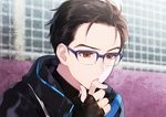  black_hair blue-framed_eyewear brown_eyes finger_to_mouth glasses hair_slicked_back jacket jewelry katsuki_yuuri male_focus parted_lips ring solo uhouho14 upper_body yuri!!!_on_ice 