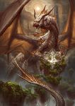  dragon fantasy initial monster nekoemonn no_humans original outdoors scenery solo standing sun tree 