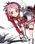  bow bowtie gloves hair_ornament hairclip holding holding_weapon lisbeth looking_at_viewer parted_lips pink_hair red_eyes short_hair shoulder_armor simple_background solo spaulders striped striped_bow sword_art_online thigh_strap warhammer weapon white_background white_bow white_gloves 