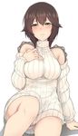  absurdres alternate_costume arm_support blue_eyes blush breasts brown_hair detached_sleeves hair_between_eyes hayasui_(kantai_collection) highres kantai_collection long_sleeves looking_at_viewer medium_breasts no_pants parted_lips ribbed_sweater short_hair solo suisen_toire_(moko924) sweater sweater_vest turtleneck 