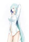  aqua_hair bare_legs blue_eyes breasts brynhildr_(fate) closed_mouth collarbone commentary_request dress_shirt eyebrows_visible_through_hair fate/prototype fate/prototype:_fragments_of_blue_and_silver fate_(series) feet_out_of_frame highres long_hair long_sleeves medium_breasts naked_shirt navel one_eye_closed shiny shiny_hair shirt solo stomach suguru_(a129214673) thighs unbuttoned unbuttoned_shirt very_long_hair white_shirt 