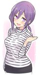  :d apron blush breasts commentary_request cowboy_shot hand_up long_sleeves medium_breasts minoa_(lastswallow) open_mouth original ponytail purple_eyes purple_hair shirt short_hair simple_background smile solo striped striped_shirt turtleneck 