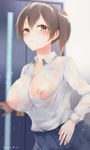  alternate_costume areolae blouse blue_skirt blurry blush breasts brown_eyes brown_hair casual collarbone covered_nipples dated depth_of_field highres kaga_(kantai_collection) kantai_collection large_breasts looking_at_viewer nipples no_bra sakiryo_kanna see-through side_ponytail skirt skirt_set solo upper_body wet wet_clothes white_blouse 