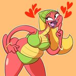  &lt;3 anthro big_breasts bikini blonde_hair boa_constrictor bracelet breasts cleavage clothed clothing esmerelda_(scalie_schoolie) eyelashes fangs female hair hand_on_hip headscarf jewelry orange_background reptile scalie scalie_schoolie simple_background slightly_chubby snake superspoe swimsuit 