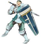  armor armored_boots boots brown_gloves full_armor gloves green_hair hara_kazuhiro holding holding_shield holding_sword holding_weapon log_horizon male_focus naotsugu_(log_horizon) official_art open_mouth shield short_hair shoulder_armor simple_background solo spaulders sword very_short_hair weapon white_background 