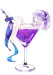  54hao bare_arms bare_legs barefoot blue_ribbon closed_eyes cocktail cocktail_glass commentary cup dress drinking_glass highres ice in_container in_cup legs long_hair original parted_lips ponytail purple_hair ribbon short_dress sidelocks sitting sleeping solo toothpick white_dress 
