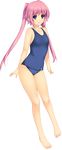  bangs bare_shoulders barefoot breasts eyebrows_visible_through_hair full_body highres iizuki_tasuku long_hair looking_at_viewer lovely_x_cation_2 nirasaki_hinata official_art one-piece_swimsuit pink_hair purple_eyes school_swimsuit small_breasts smile solo swimsuit transparent_background twintails 