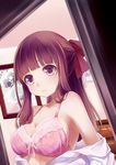  54hao absurdres bad_id bad_pixiv_id bangs bare_shoulders bedroom blunt_bangs blush bow bow_bra bra breasts brown_eyes brown_hair cabinet cleavage collarbone doorway dress_shirt dutch_angle hair_bow highres long_hair looking_at_viewer medium_breasts original parted_lips photo_(object) picture_frame pink_bow pink_bra ponytail red_bow shirt shirt_pull sideboob sidelocks solo tareme underwear upper_body 