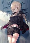  artoria_pendragon_(all) bangs belt black_ribbon black_shirt black_shorts blonde_hair breasts fate/grand_order fate/stay_night fate_(series) hair_ribbon hands_in_pockets hood hood_down hoodie jewelry long_hair long_sleeves looking_at_viewer medium_breasts midriff navel ouka_(ra-raradan) pendant ponytail ribbon saber_alter shirt shorts solo standing yellow_eyes 