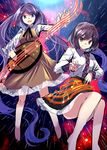  &gt;:) :d absurdly_long_hair barefoot beamed_sixteenth_notes biwa_lute black_hair black_skirt blue_eyes brown_dress brown_eyes collared_shirt commentary_request dress e.o. eighth_note full_body hairband highres instrument long_hair long_sleeves looking_at_viewer low_twintails lute_(instrument) multiple_girls musical_note open_mouth purple_hair quarter_note shirt short_hair siblings sisters skirt smile staff_(music) star touhou tsukumo_benben tsukumo_yatsuhashi twintails v-shaped_eyebrows very_long_hair white_shirt 