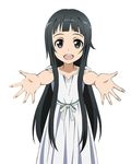  :d bad_anatomy black_eyes black_hair collarbone dress grey_ribbon long_hair looking_at_viewer open_mouth outstretched_arm simple_background sleeveless sleeveless_dress smile solo standing sundress sword_art_online very_long_hair white_background white_dress yui_(sao) 