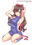  2017 albinoraccoon aran_sweater armpits artist_name backless_dress backless_outfit bad_id bad_pixiv_id bangs bare_shoulders blue_dress blue_legwear blue_sweater breasts brown_eyes brown_hair d.va_(overwatch) dated dress eyebrows_visible_through_hair eyes_visible_through_hair facepaint facial_mark hair_between_eyes hair_ribbon halterneck hands_in_hair highres kneehighs long_hair looking_at_viewer medium_breasts meme_attire naked_sweater no_bra open_mouth overwatch red_ribbon ribbed_sweater ribbon round_teeth seiza sideboob signature simple_background sitting sleeveless sleeveless_turtleneck solo sweater sweater_dress teeth turtleneck turtleneck_sweater virgin_killer_sweater watermark web_address whisker_markings white_background 
