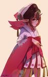  brown_hair demon_girl eyebrows hanasai_usagiko highres hood horns momo_(onmyoji) onmyoji onmyouji parted_lips pointy_ears red_eyes solo standing tassel wide_sleeves 